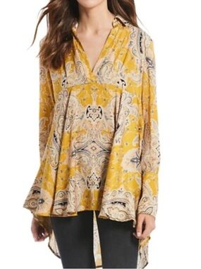 Free People Mustard Yellow Paisley Split-Neck Tunic Size XS